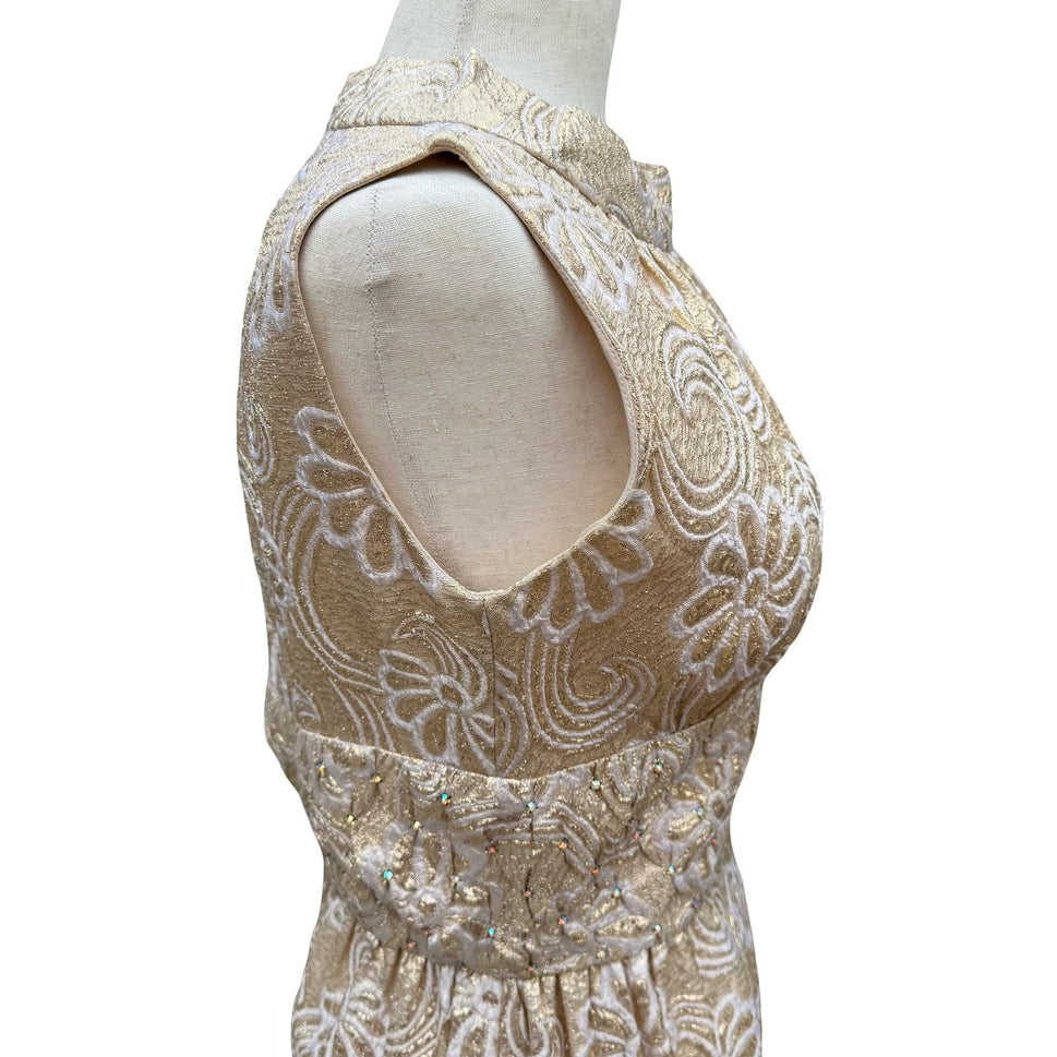 Kent Originals Vintage Gold Floral Brocade Maxi Dress Rhinestone High Neck 10
