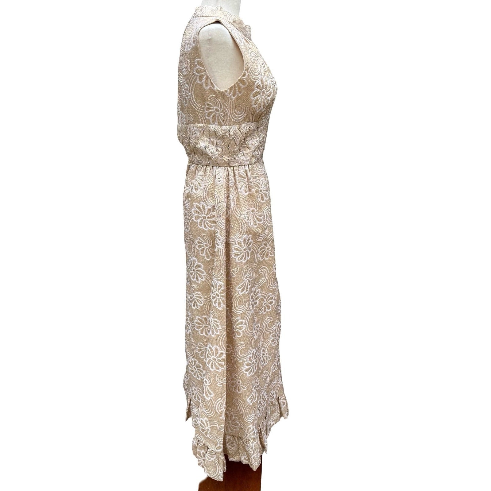 Kent Originals Vintage Gold Floral Brocade Maxi Dress Rhinestone High Neck 10