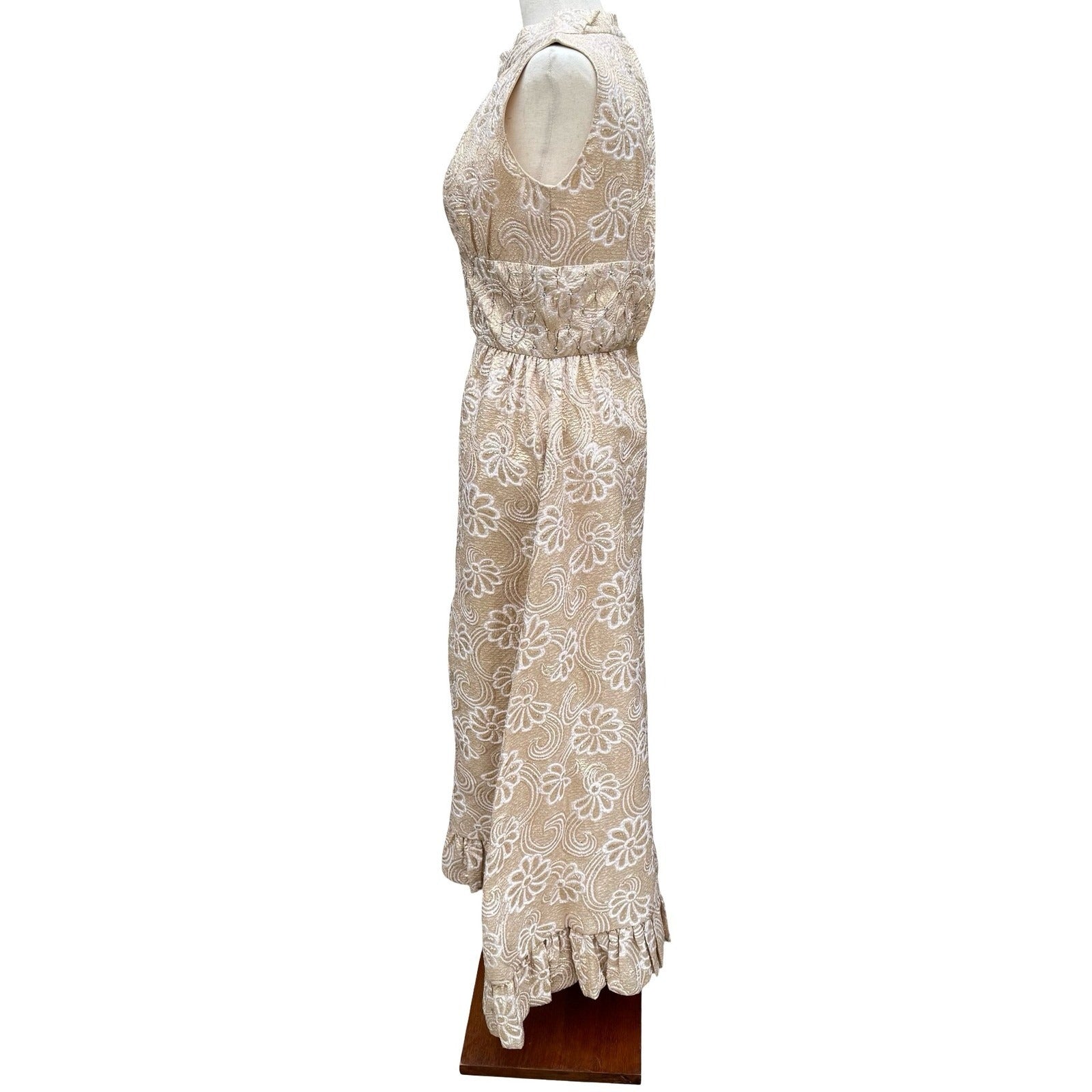 Kent Originals Vintage Gold Floral Brocade Maxi Dress Rhinestone High Neck 10