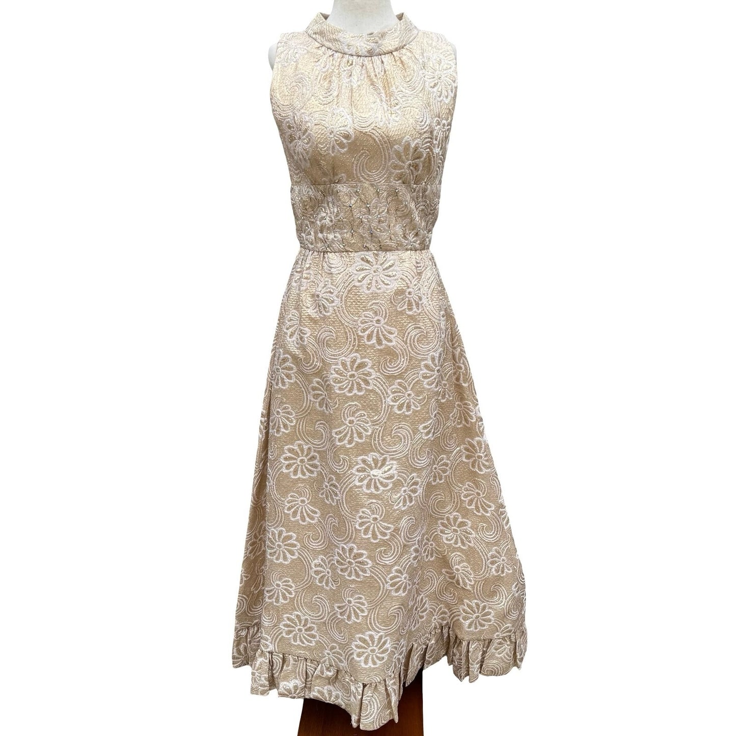Kent Originals Vintage Gold Floral Brocade Maxi Dress Rhinestone High Neck 10