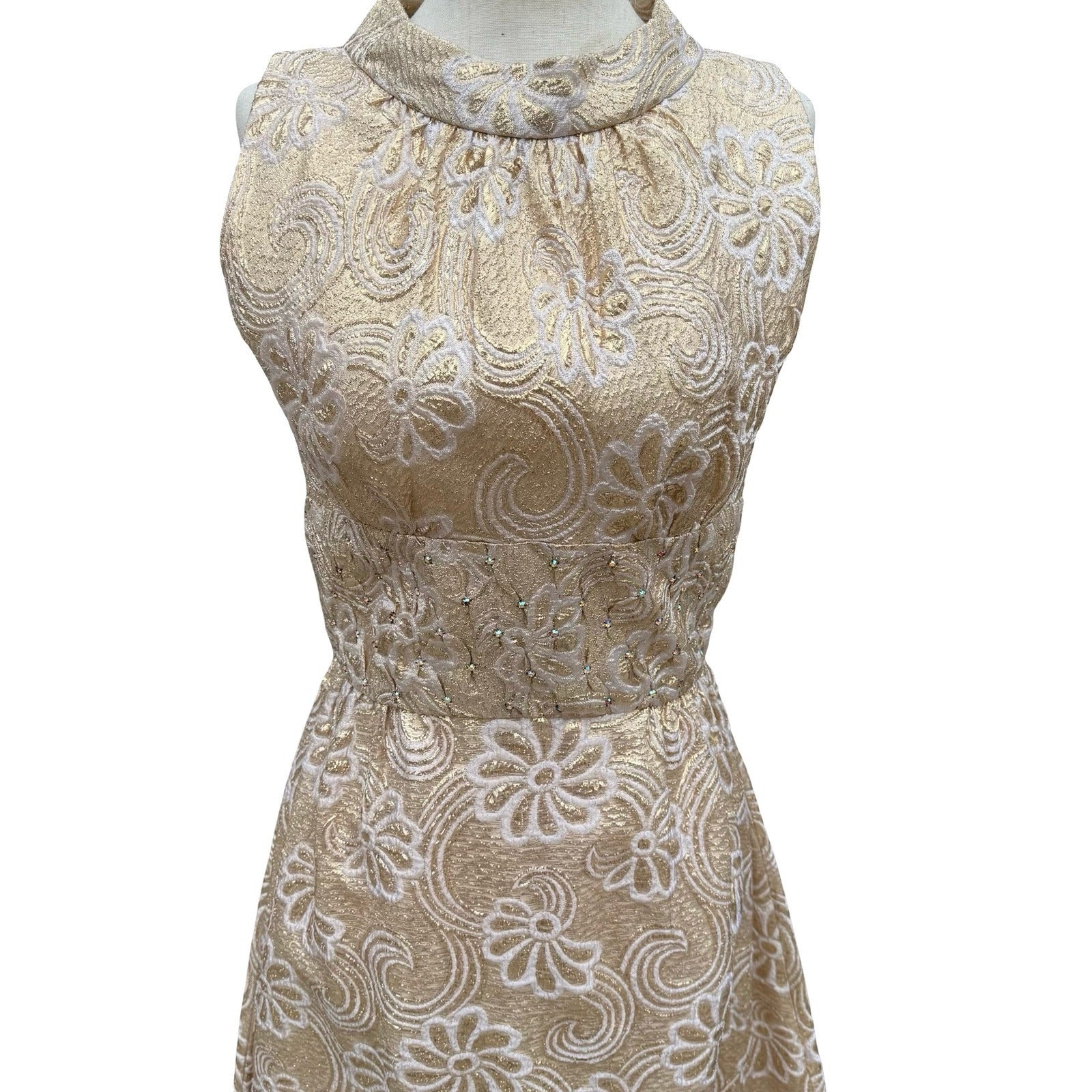 Kent Originals Vintage Gold Floral Brocade Maxi Dress Rhinestone High Neck 10