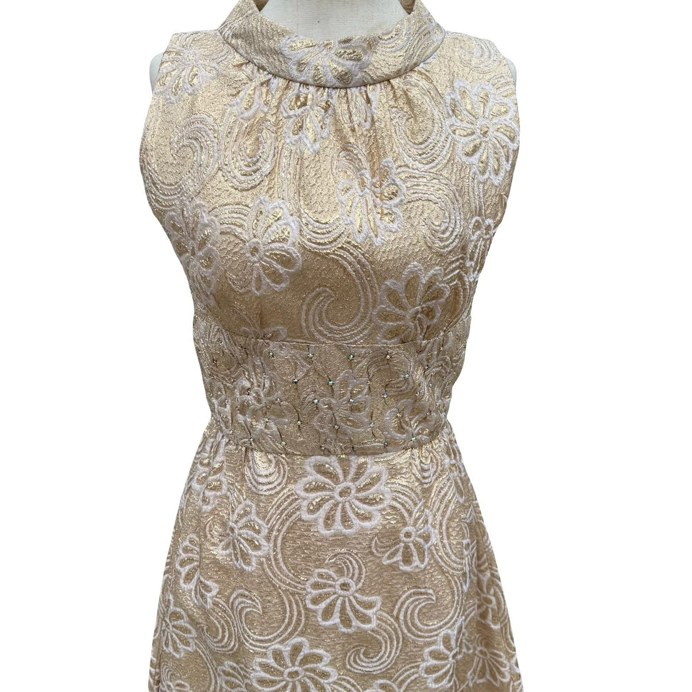 Kent Originals Vintage Gold Floral Brocade Maxi Dress Rhinestone High Neck 10