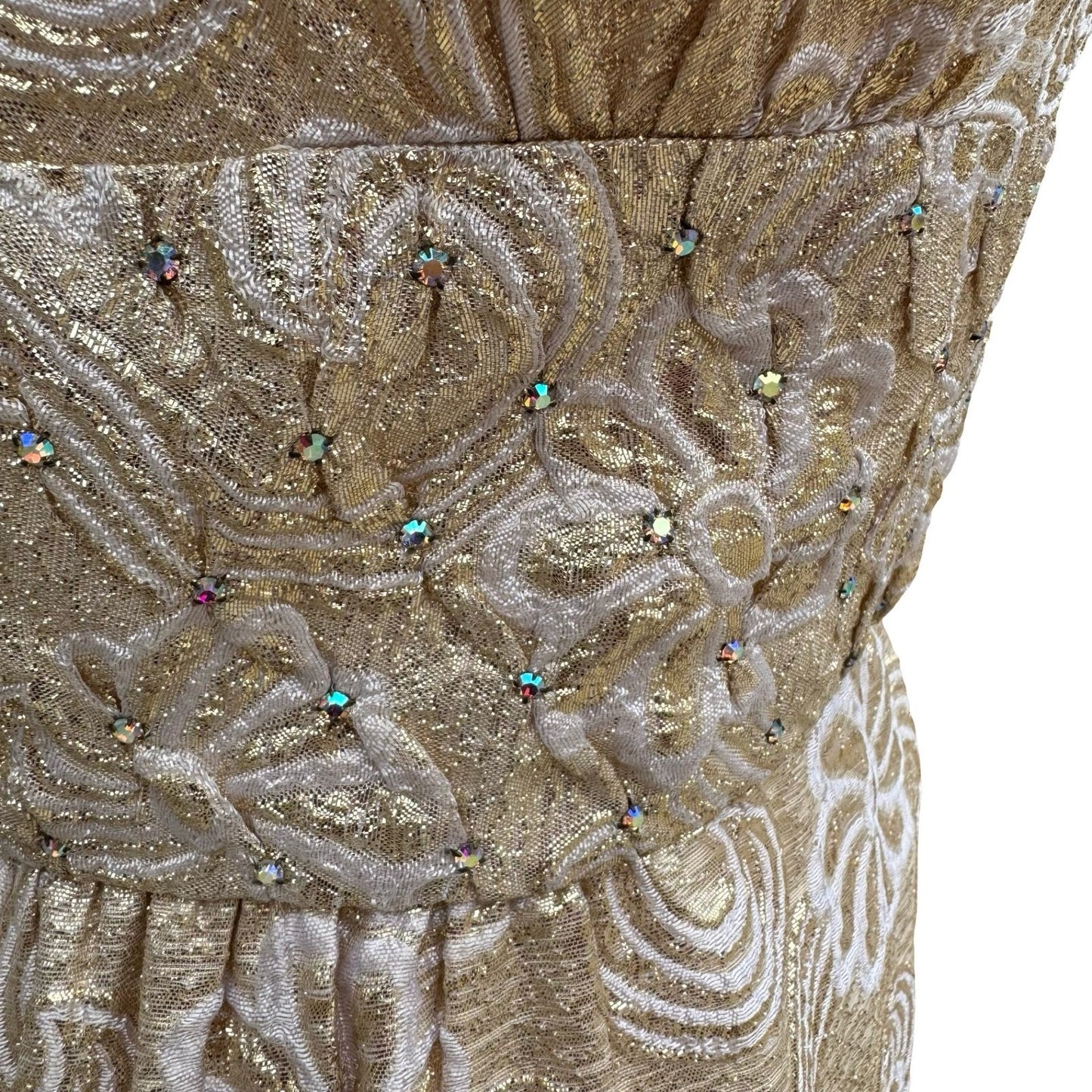 Kent Originals Vintage Gold Floral Brocade Maxi Dress Rhinestone High Neck 10