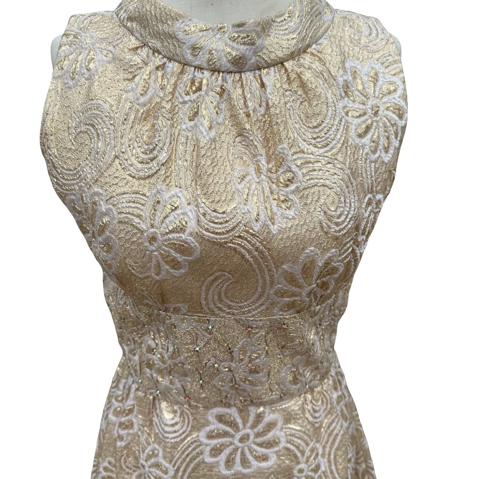 Kent Originals Vintage Gold Floral Brocade Maxi Dress Rhinestone High Neck 10