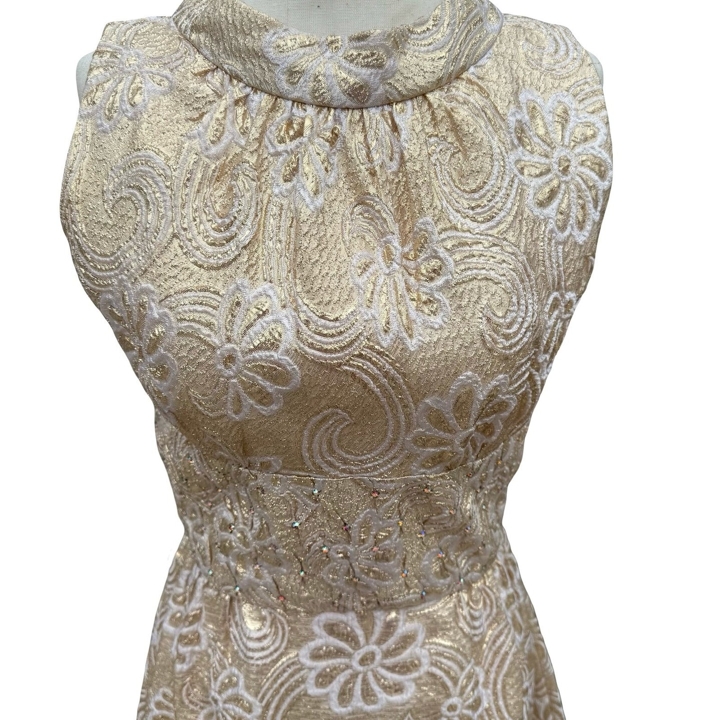 Kent Originals Vintage Gold Floral Brocade Maxi Dress Rhinestone High Neck 10