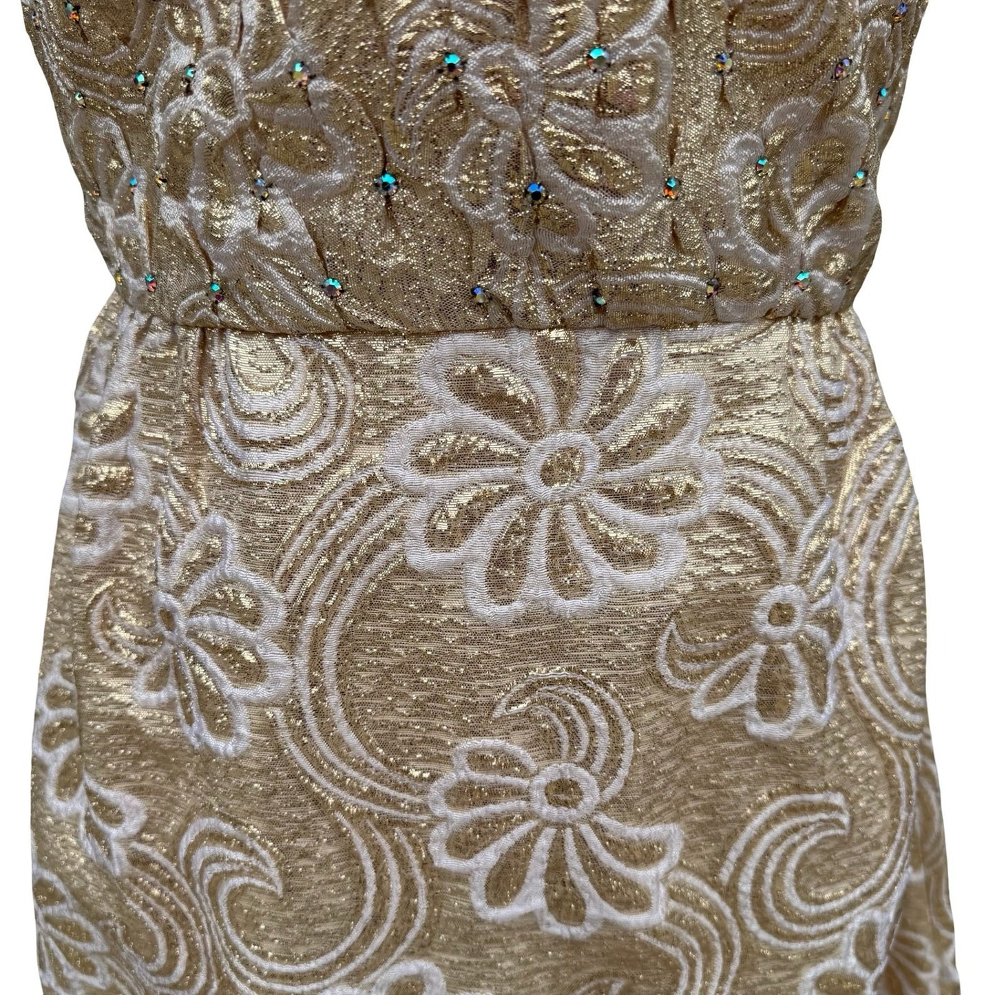 Kent Originals Vintage Gold Floral Brocade Maxi Dress Rhinestone High Neck 10