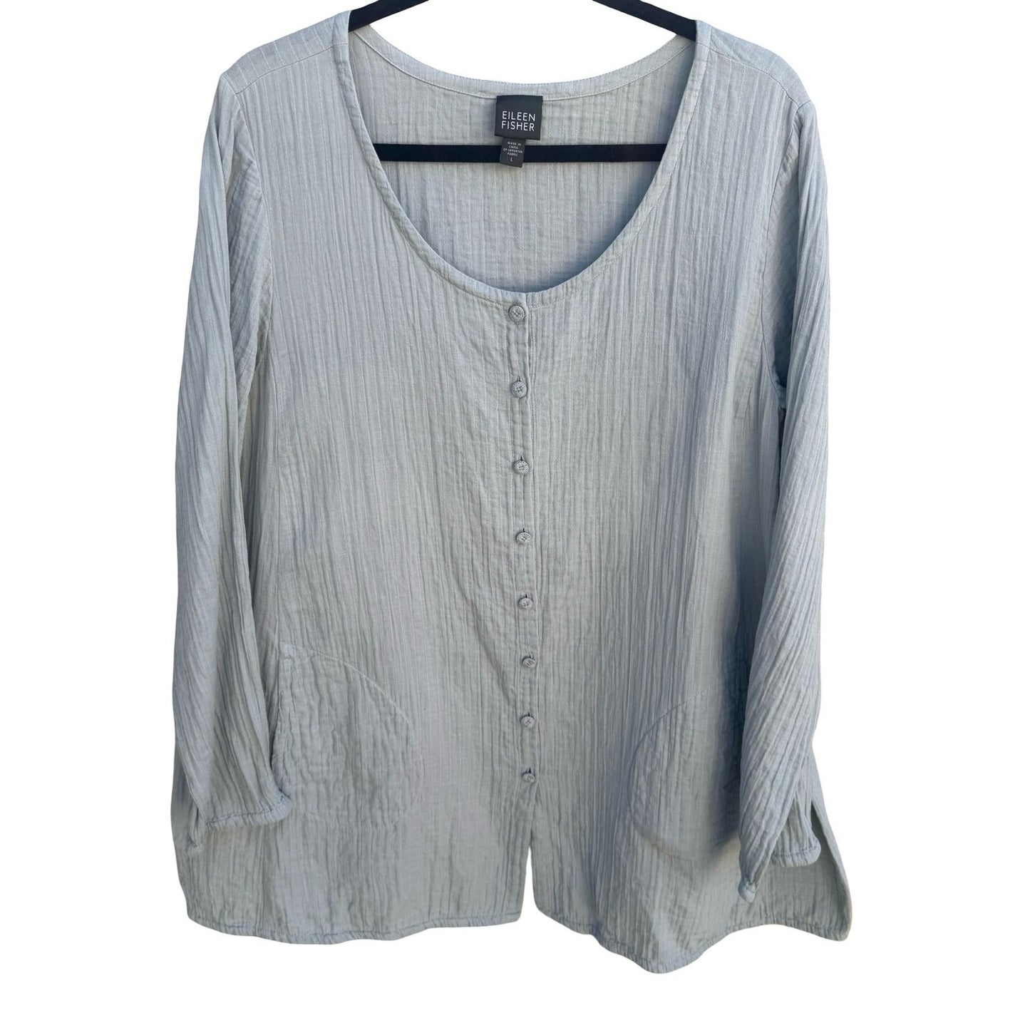 Eileen Fisher Womens Blue Textured Cotton Gauze Button Front Tunic Top Large
