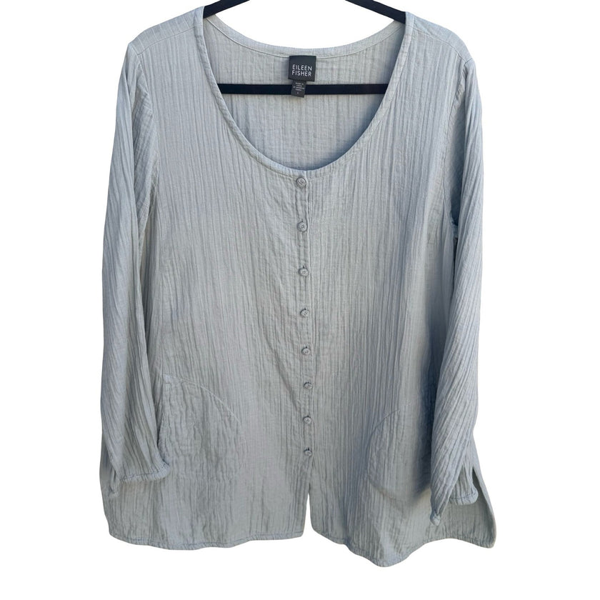 Eileen Fisher Womens Blue Textured Cotton Gauze Button Front Tunic Top Large