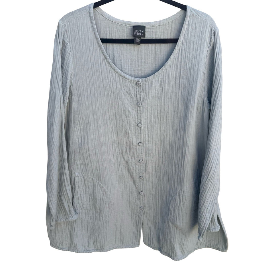 Eileen Fisher Womens Blue Textured Cotton Gauze Button Front Tunic Top Large