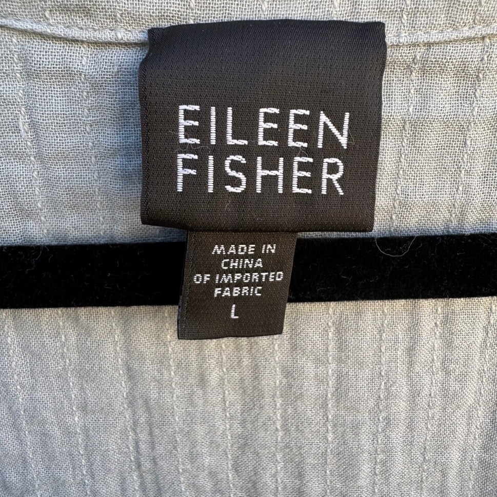 Eileen Fisher Womens Blue Textured Cotton Gauze Button Front Tunic Top Large