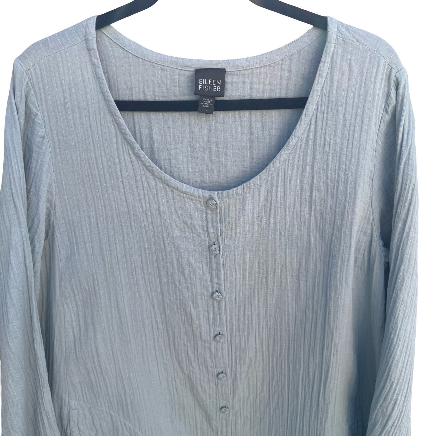 Eileen Fisher Womens Blue Textured Cotton Gauze Button Front Tunic Top Large