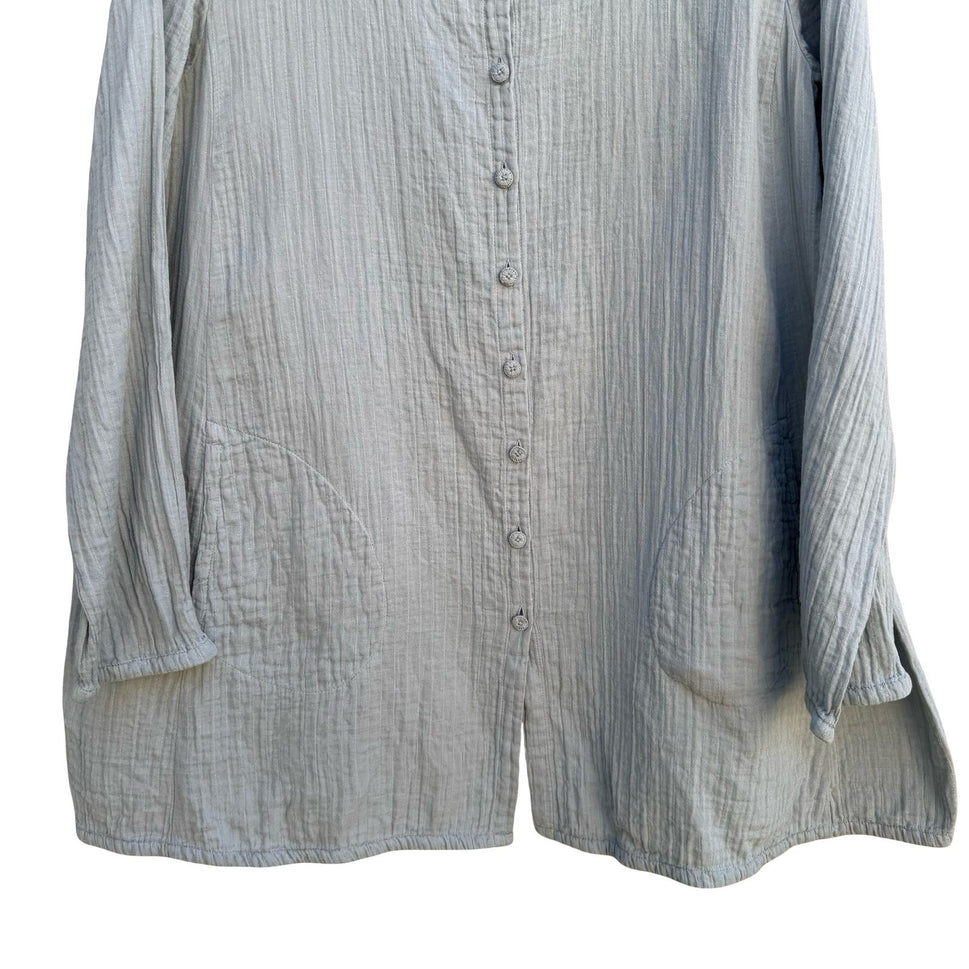 Eileen Fisher Womens Blue Textured Cotton Gauze Button Front Tunic Top Large