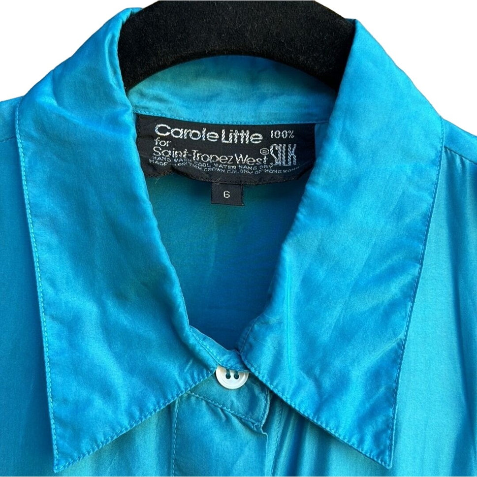 Carole Little St Tropez Vintage Silk Teal Oversized Button-Up Epaulette Shirt 6