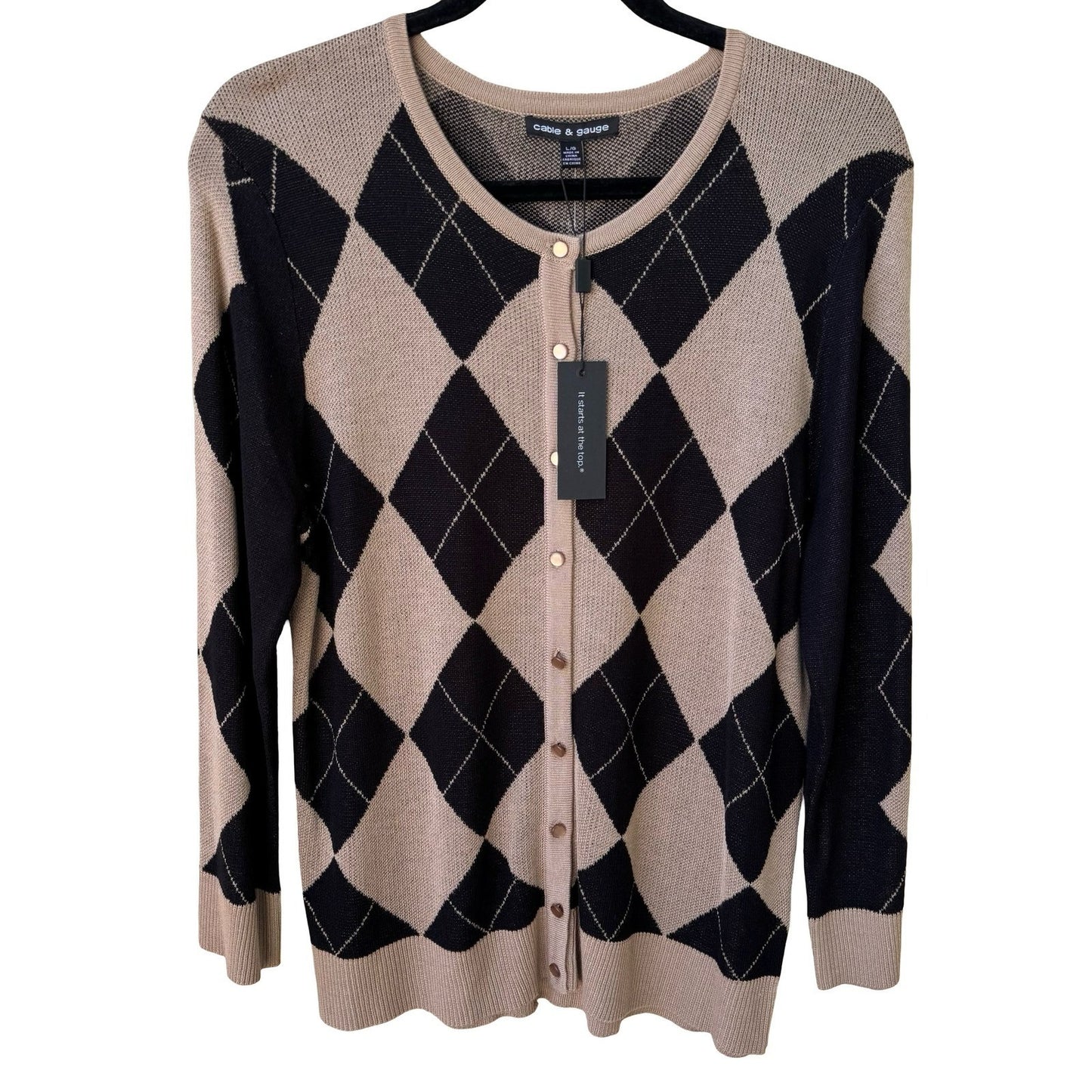 Cable & Gauge Preppy Academia Argyle Knit Cardigan Sweater Tan Mod Womens L NEW