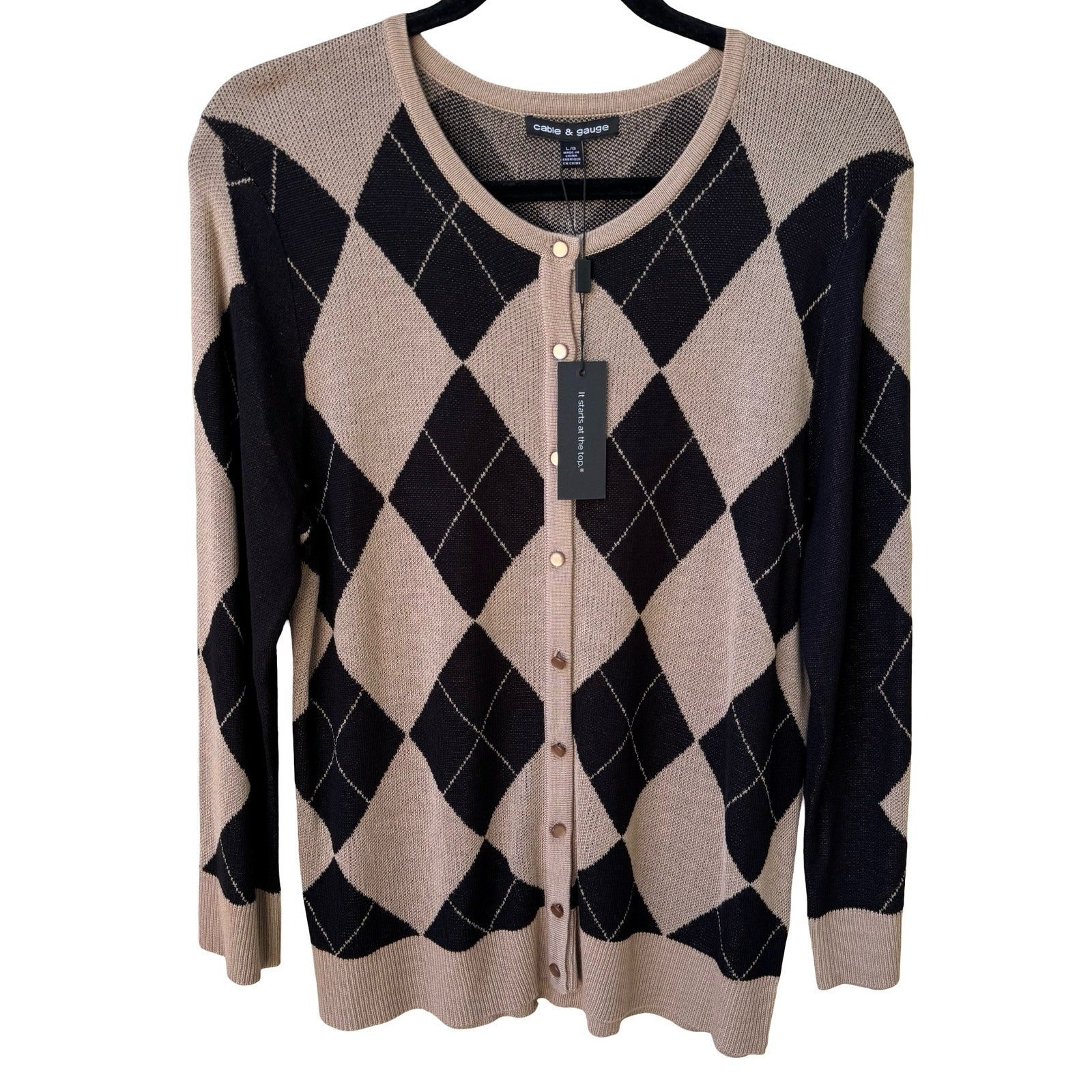 Cable & Gauge Preppy Academia Argyle Knit Cardigan Sweater Tan Mod Womens L NEW