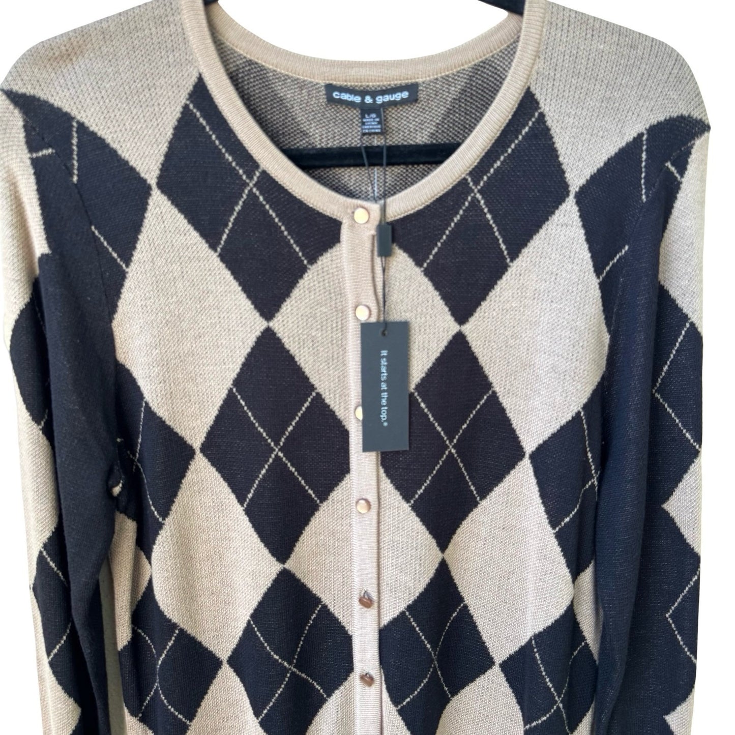Cable & Gauge Preppy Academia Argyle Knit Cardigan Sweater Tan Mod Womens L NEW
