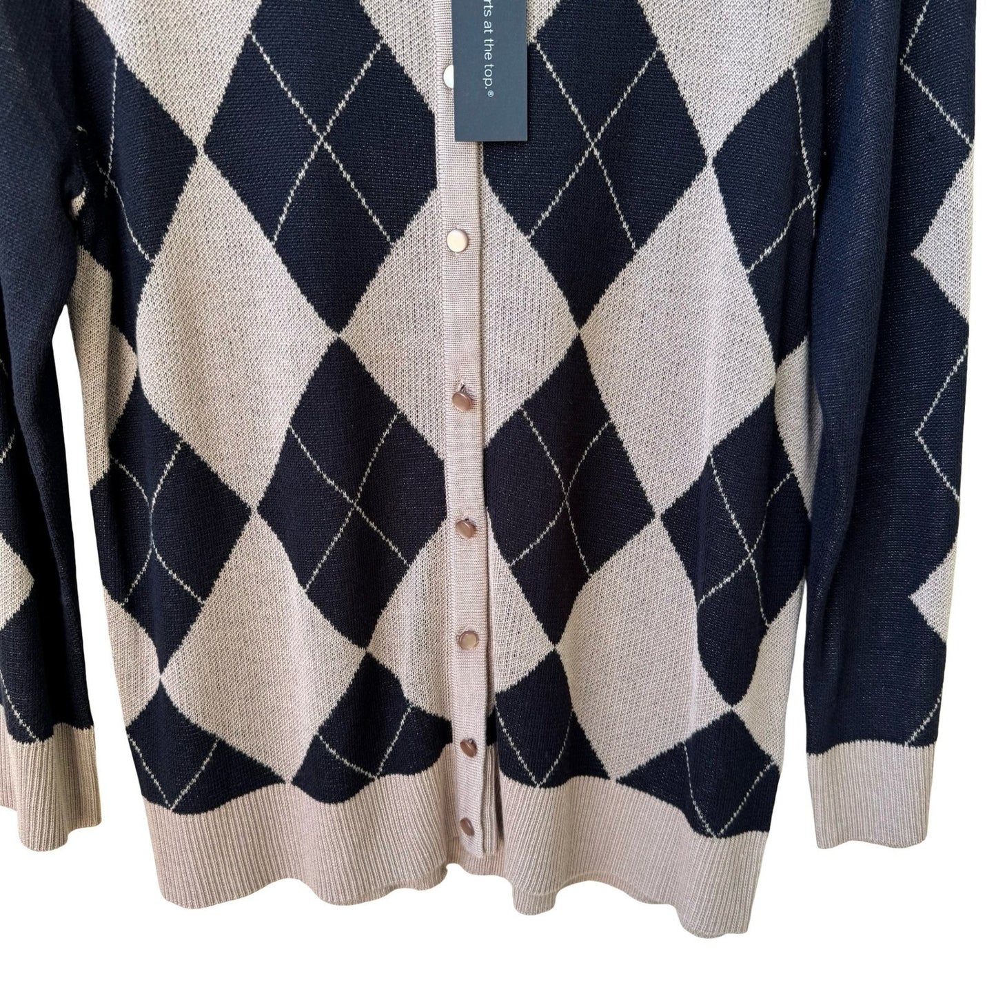 Cable & Gauge Preppy Academia Argyle Knit Cardigan Sweater Tan Mod Womens L NEW