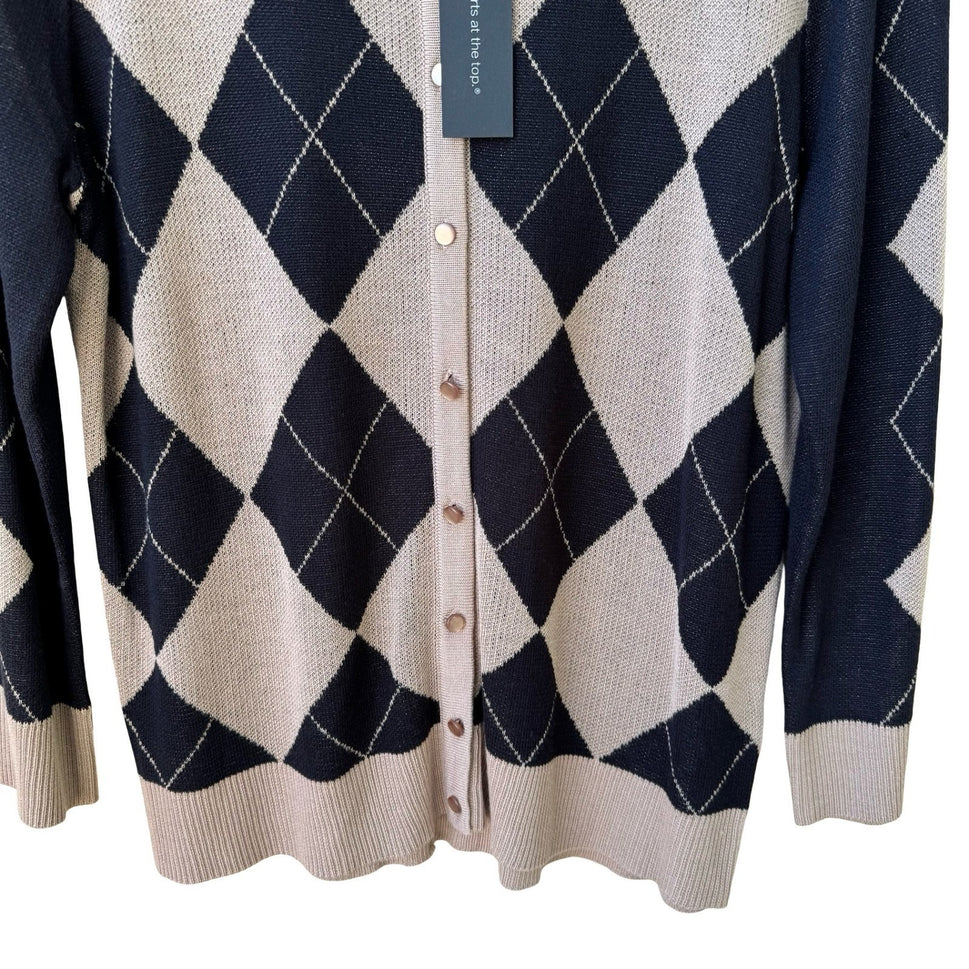 Cable & Gauge Preppy Academia Argyle Knit Cardigan Sweater Tan Mod Womens L NEW
