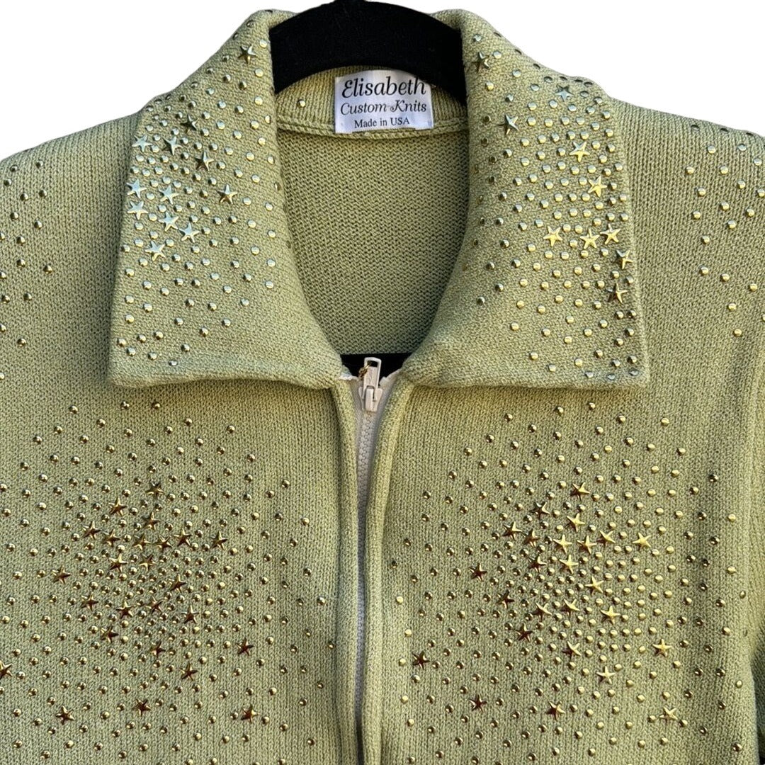 Elisabeth Custom Knits Light Green Sweater Set With Gold Star Embellishments - M