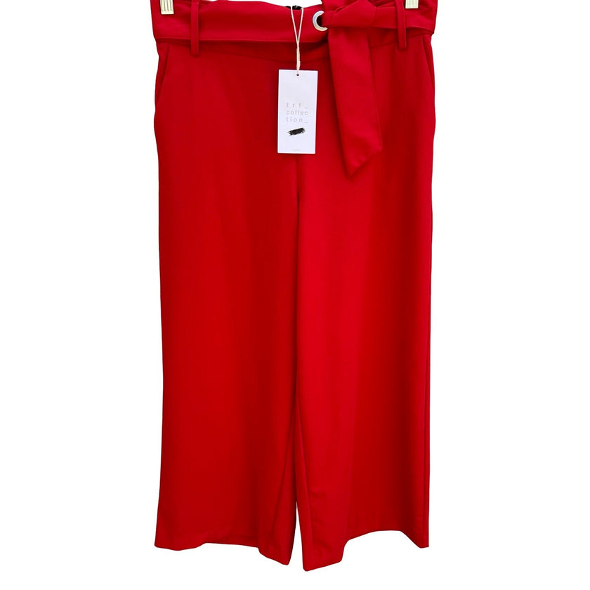Zara Trafaluc Red Wide Leg Tie Waist Trousers Pants 7385/068/600 Small NWT