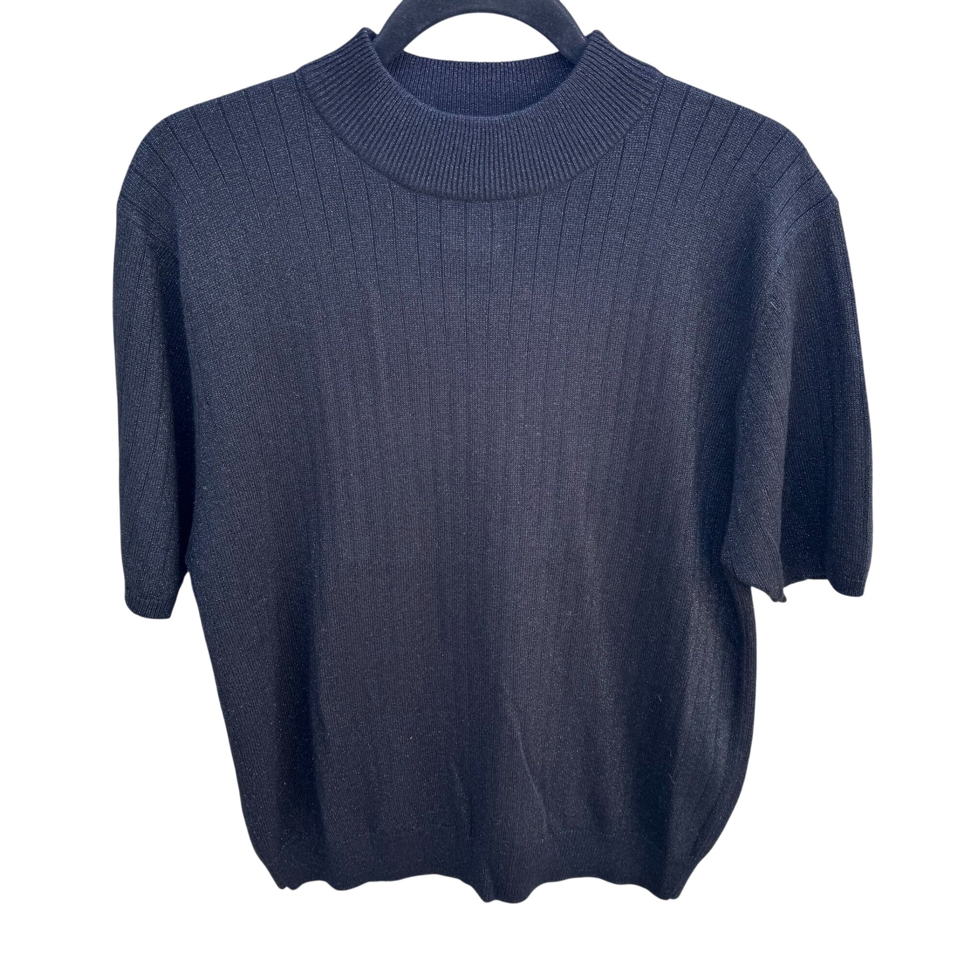 Sag Harbor Vintage Womens Black Ribbed Short Sleeve Metallic Knit Mock Neck Top