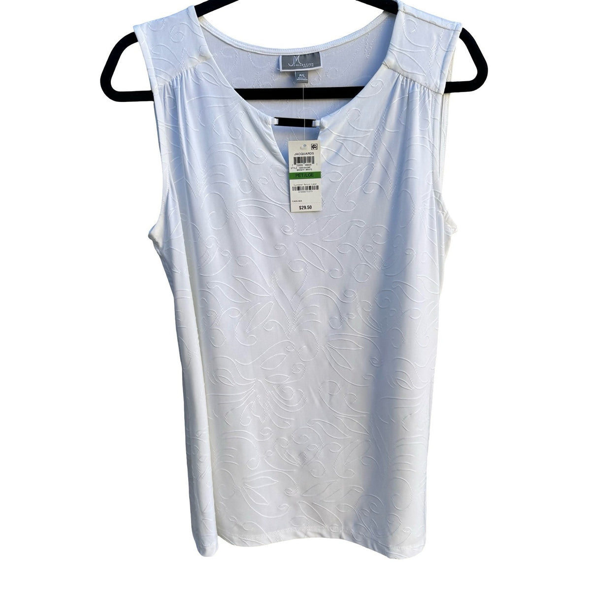 JM Collection Jacquard Split Neck Minimalist Sleeveless Blouse White Women L NEW