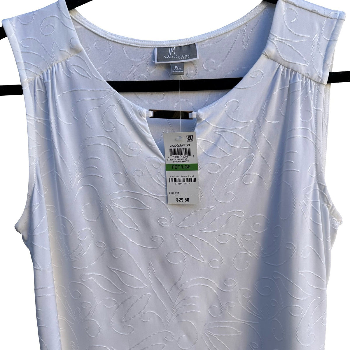 JM Collection Jacquard Split Neck Minimalist Sleeveless Blouse White Women L NEW