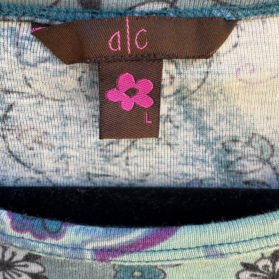 a|c Artistic Floral Bird Beaded Fairy Gypsy Cotton Shirt Boho Whimsigoth Teal L