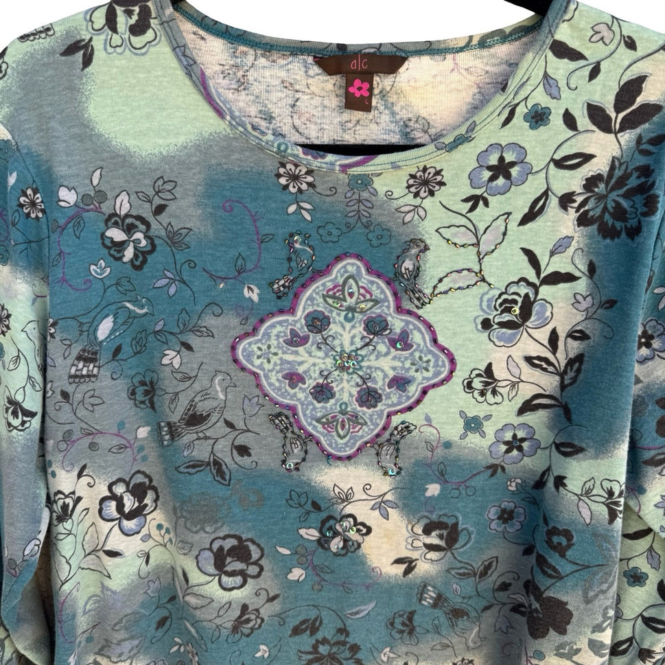 a|c Artistic Floral Bird Beaded Fairy Gypsy Cotton Shirt Boho Whimsigoth Teal L