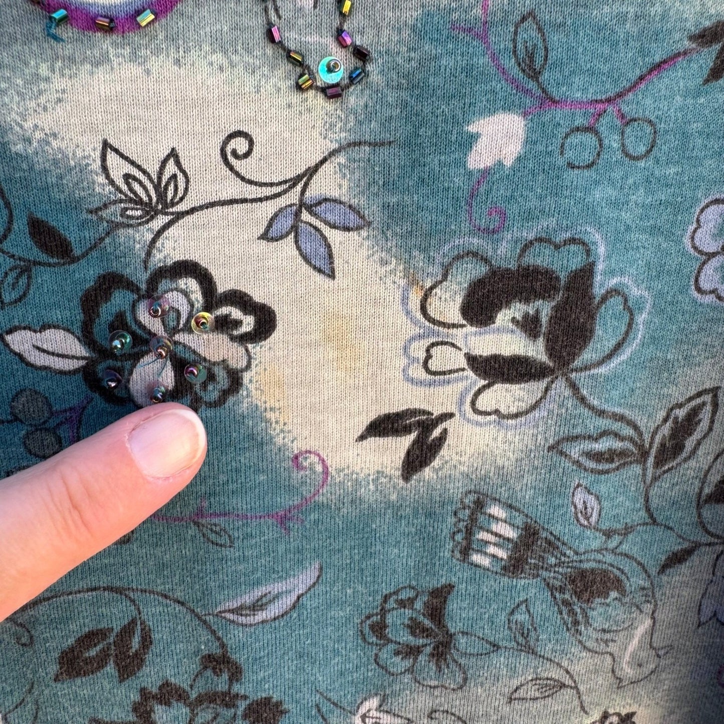 a|c Artistic Floral Bird Beaded Fairy Gypsy Cotton Shirt Boho Whimsigoth Teal L