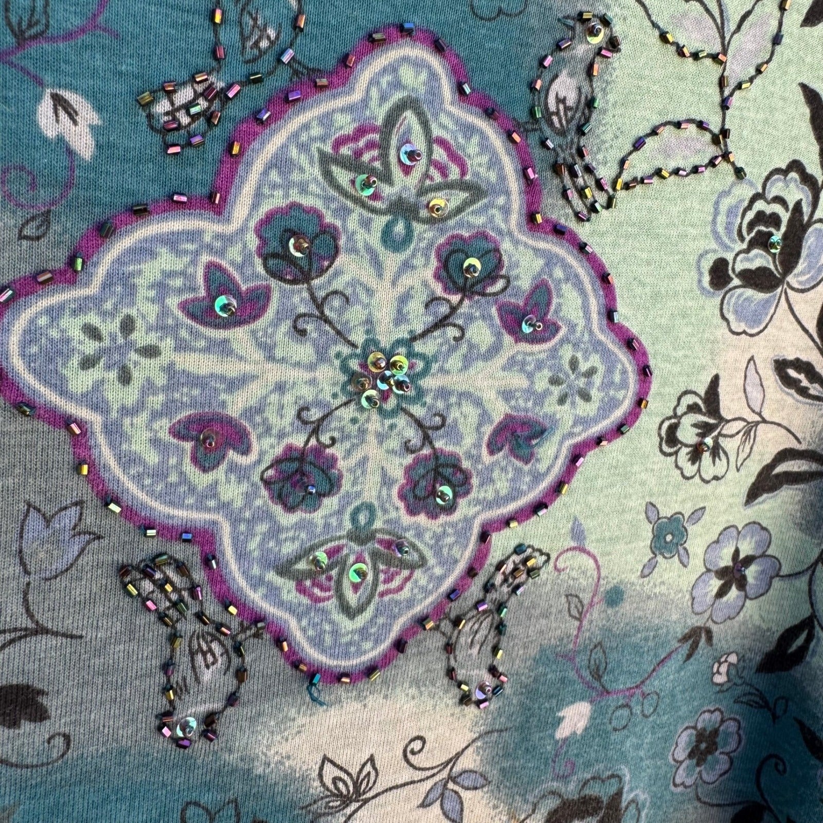 a|c Artistic Floral Bird Beaded Fairy Gypsy Cotton Shirt Boho Whimsigoth Teal L