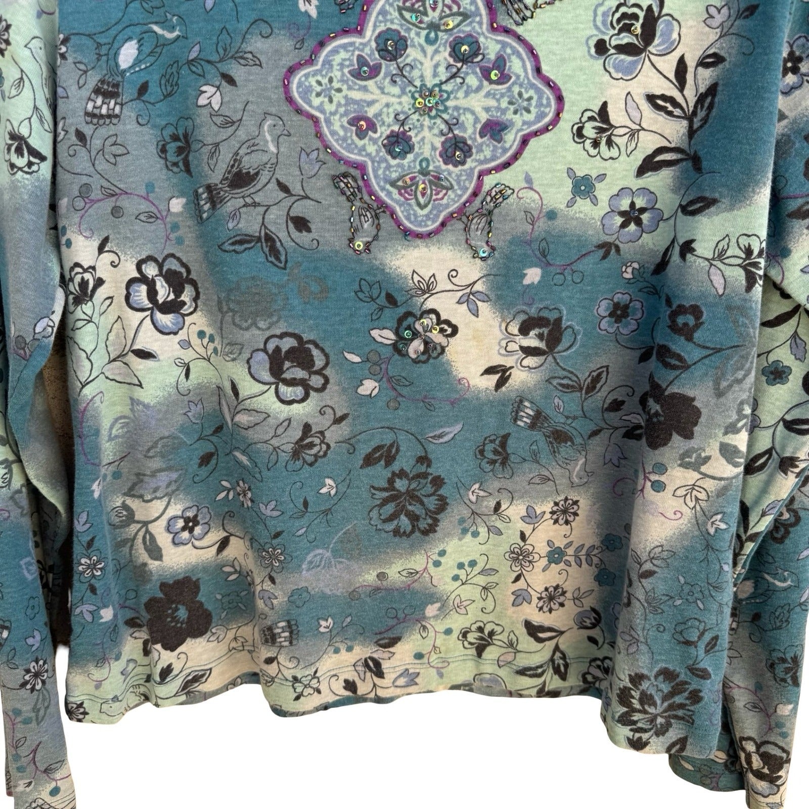 a|c Artistic Floral Bird Beaded Fairy Gypsy Cotton Shirt Boho Whimsigoth Teal L