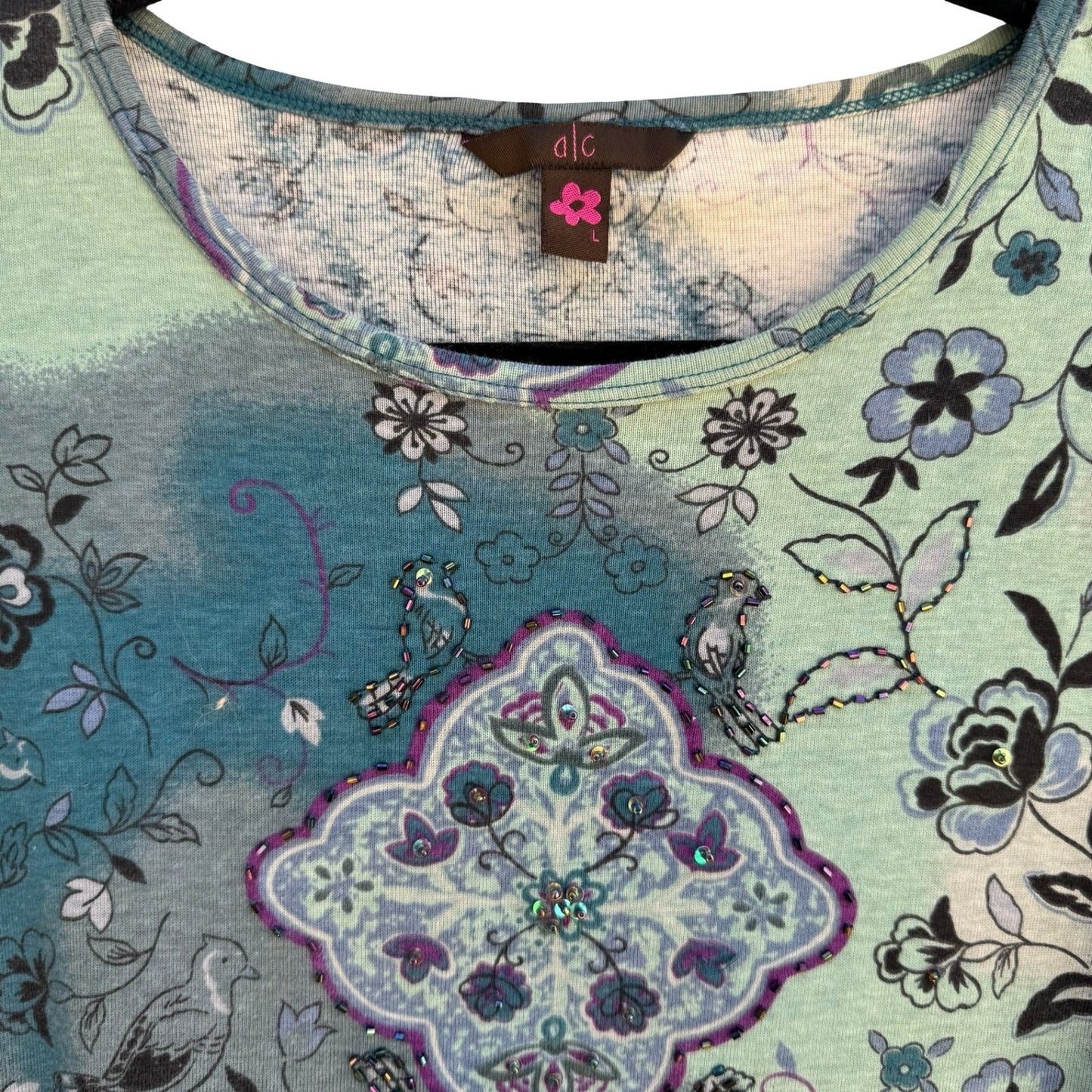 a|c Artistic Floral Bird Beaded Fairy Gypsy Cotton Shirt Boho Whimsigoth Teal L
