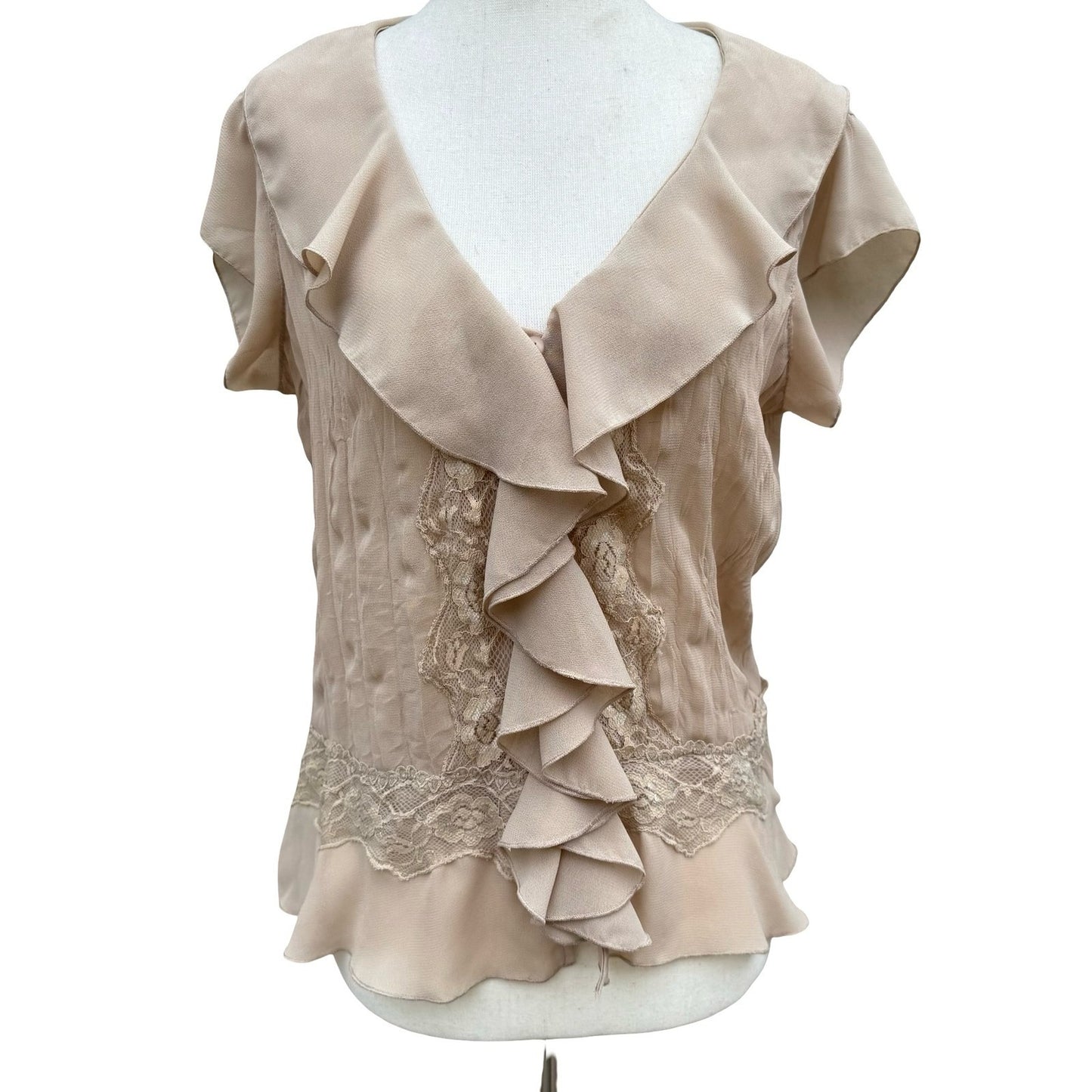Separates NY City Design Tan Ruffle Lace V-Neck Coquette Blouse M Romantic Fairy