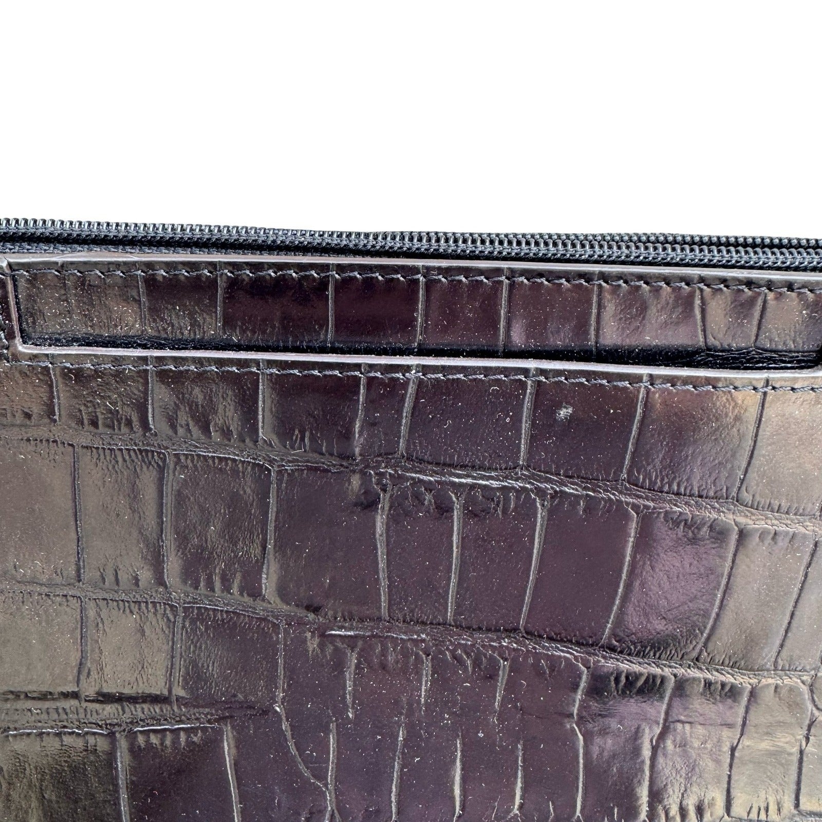 Adrienne Vittadini Y2K Minimalist Chic Black Croc Embossed Leather Shoulder Bag