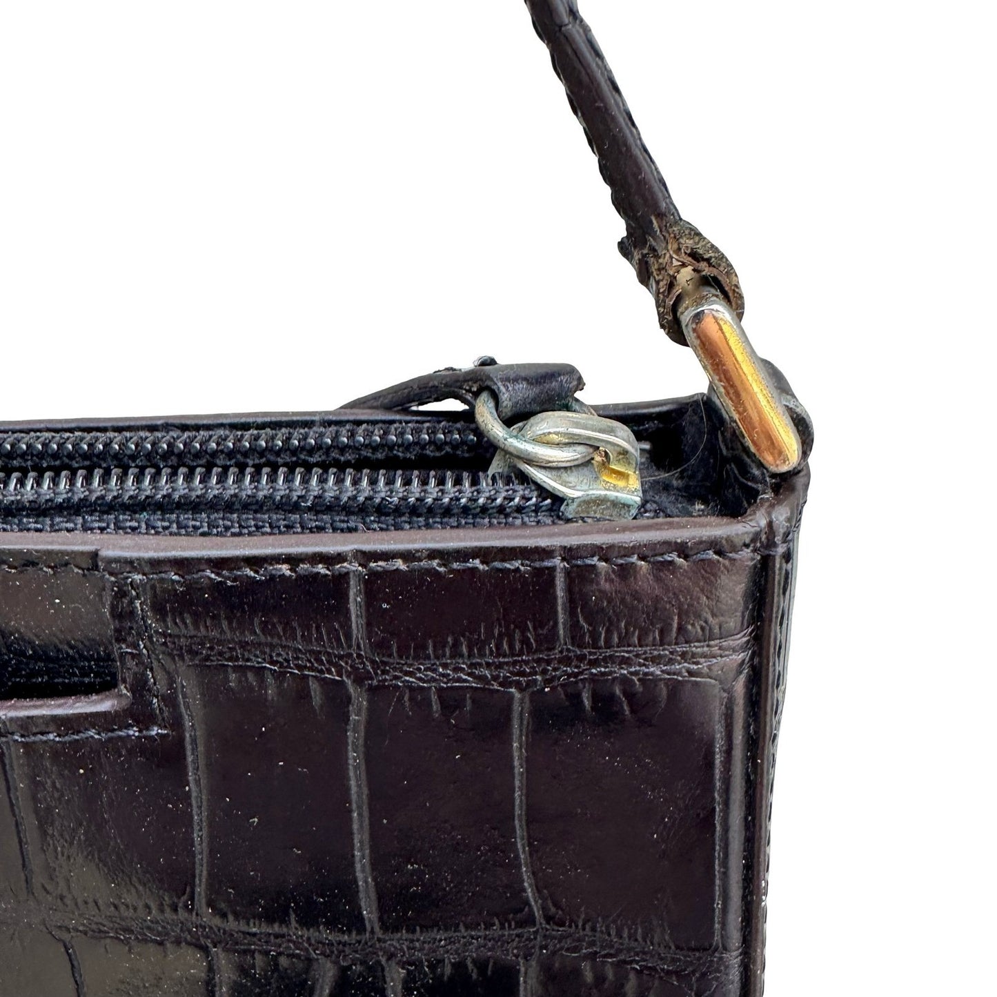 Adrienne Vittadini Y2K Minimalist Chic Black Croc Embossed Leather Shoulder Bag