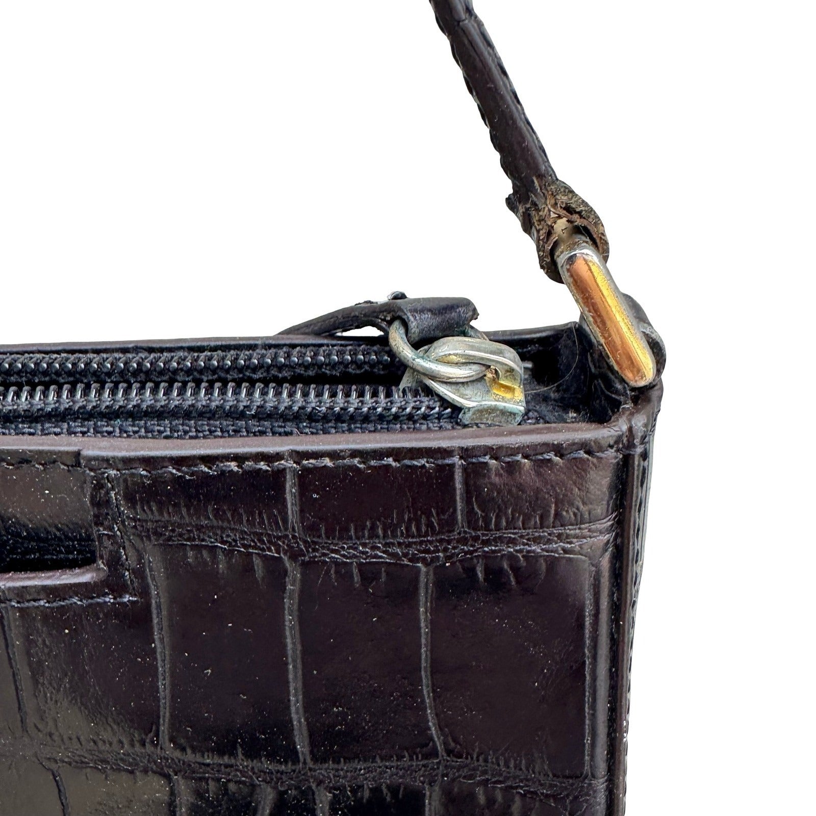 Adrienne Vittadini Y2K Minimalist Chic Black Croc Embossed Leather Shoulder Bag