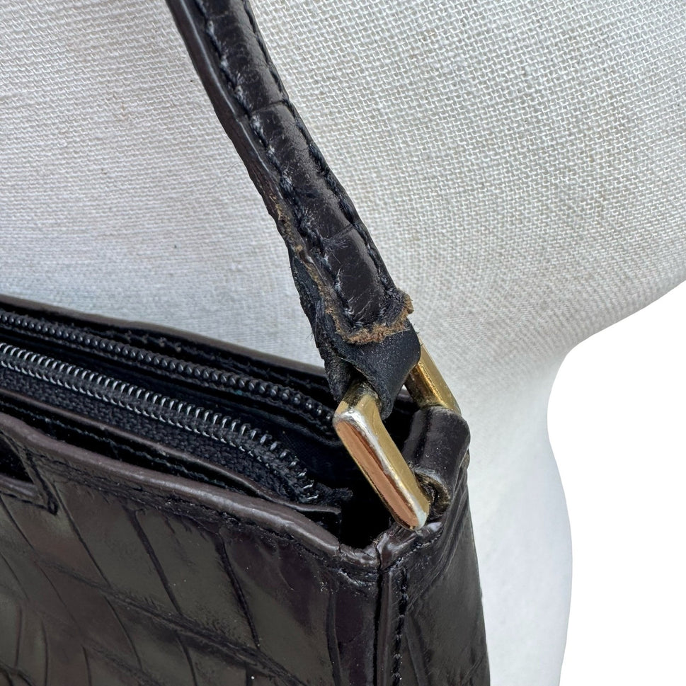 Adrienne Vittadini Y2K Minimalist Chic Black Croc Embossed Leather Shoulder Bag