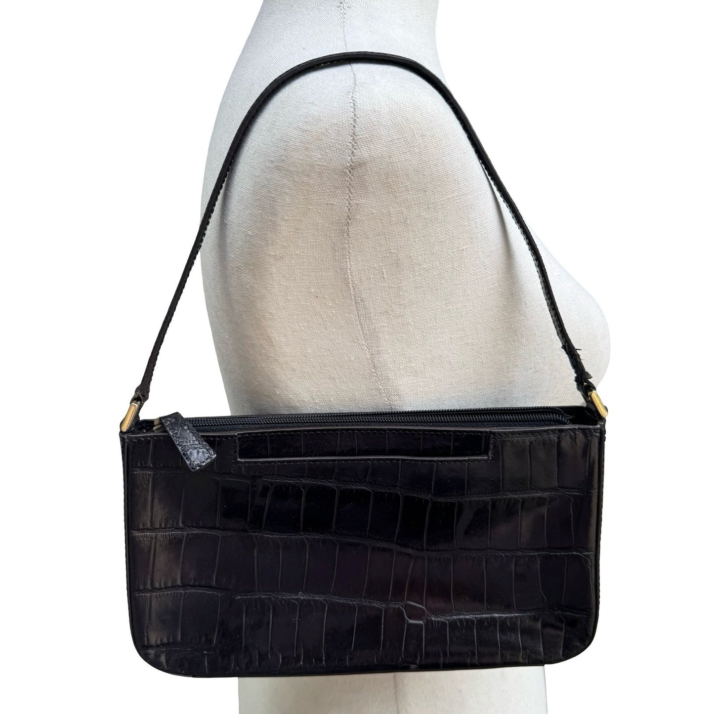 Adrienne Vittadini Y2K Minimalist Chic Black Croc Embossed Leather Shoulder Bag
