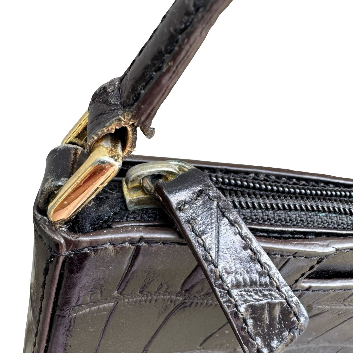 Adrienne Vittadini Y2K Minimalist Chic Black Croc Embossed Leather Shoulder Bag