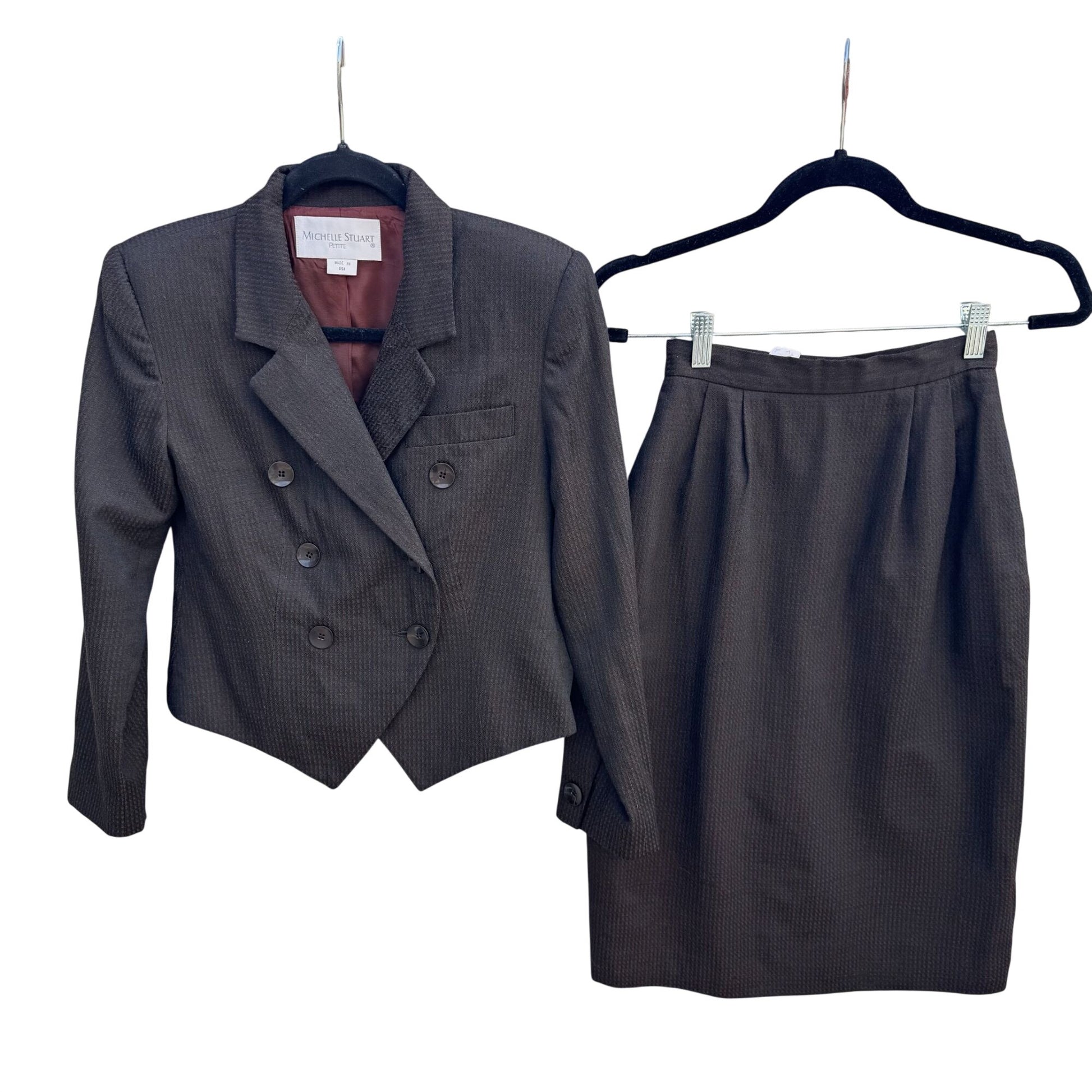 Michelle Stuart Vintage Brown Houndstooth Double-Breasted Blazer Skirt Set 2P