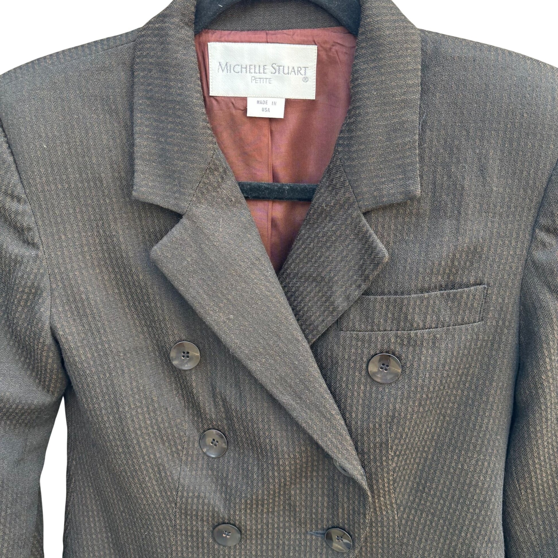 Michelle Stuart Vintage Brown Houndstooth Double-Breasted Blazer Skirt Set 2P