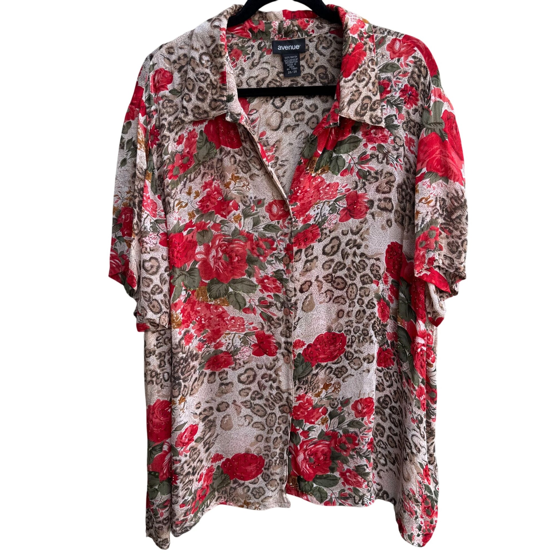 Avenue Womens Floral & Animal Print Sequin Lightweight Button-Up Blouse 26/28