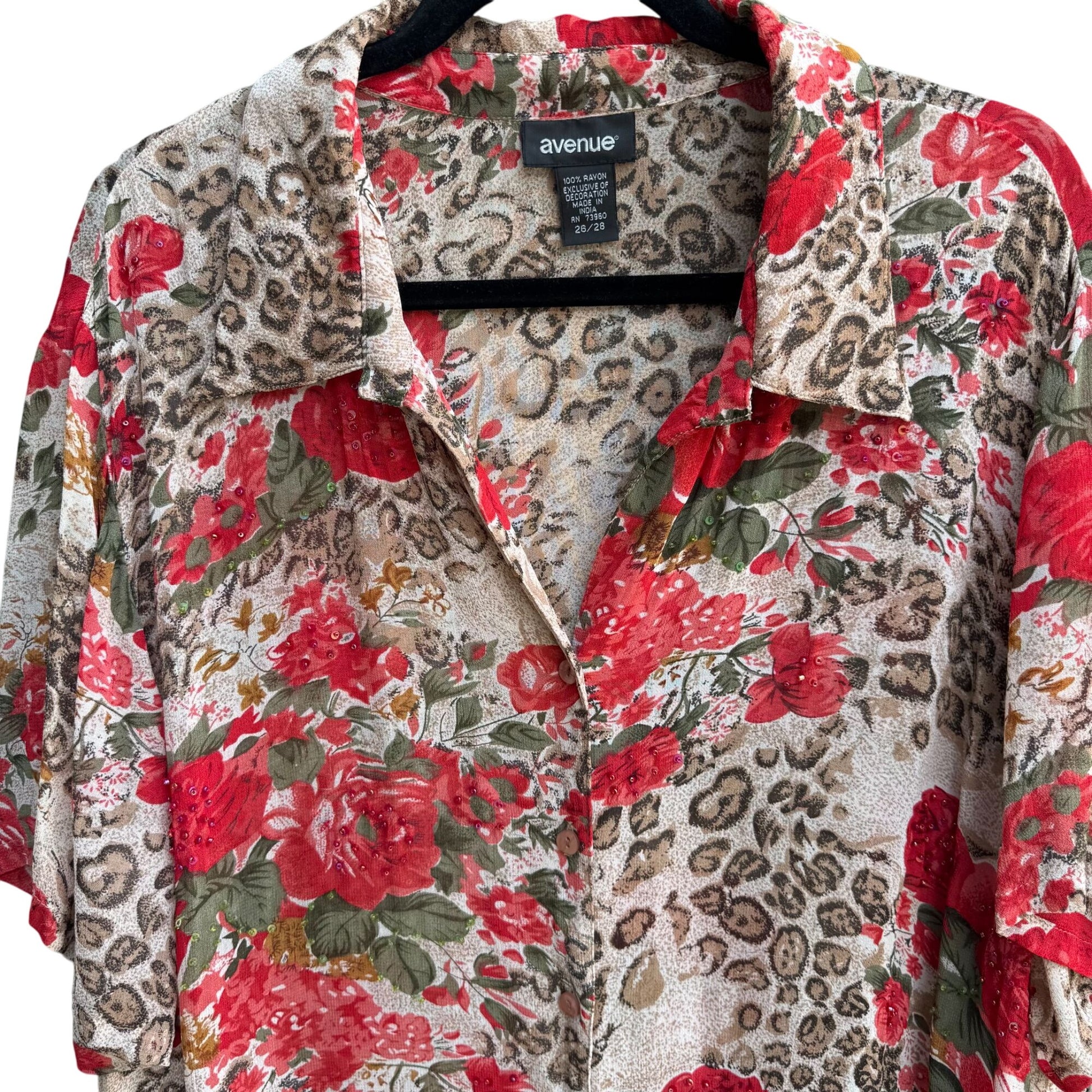Avenue Womens Floral & Animal Print Sequin Lightweight Button-Up Blouse 26/28