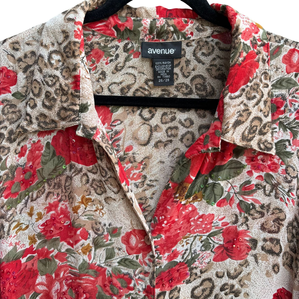 Avenue Womens Floral & Animal Print Sequin Lightweight Button-Up Blouse 26/28