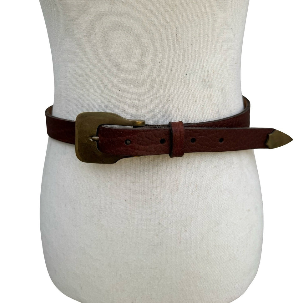 Gilles Herve Paris Brown Leather Skinny Belt Made in France Brass Buckle Tip