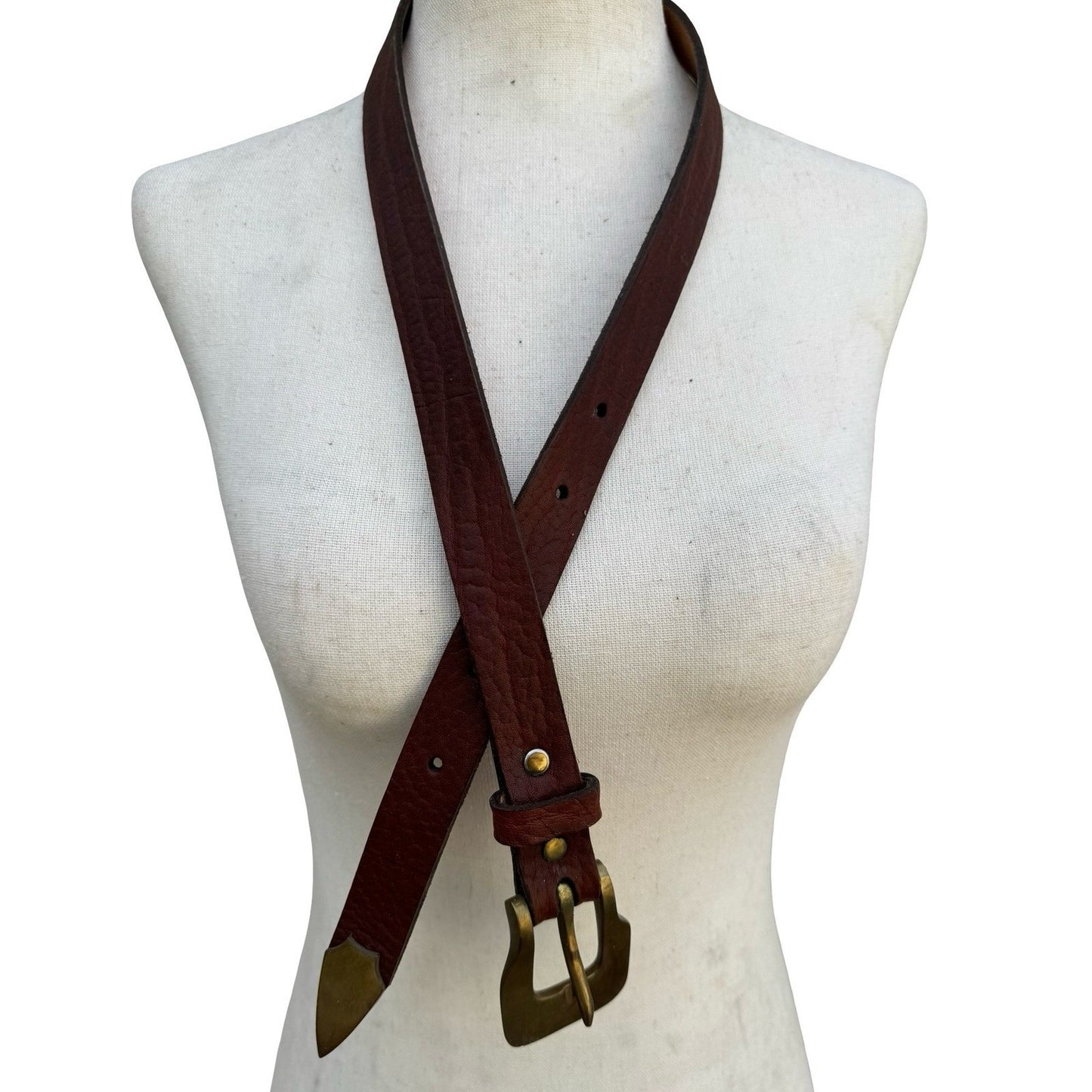 Gilles Herve Paris Brown Leather Skinny Belt Made in France Brass Buckle Tip
