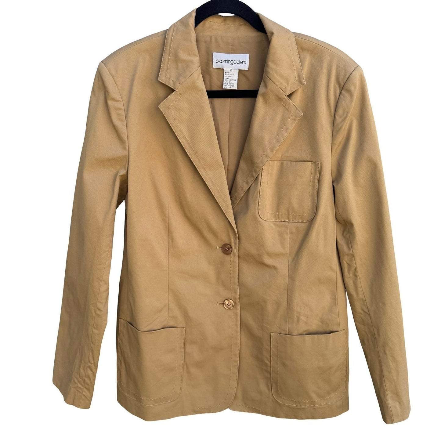 Bloomingdales Womens Tan Khaki Cotton Spandex Tailored Blazer Jacket Size 14