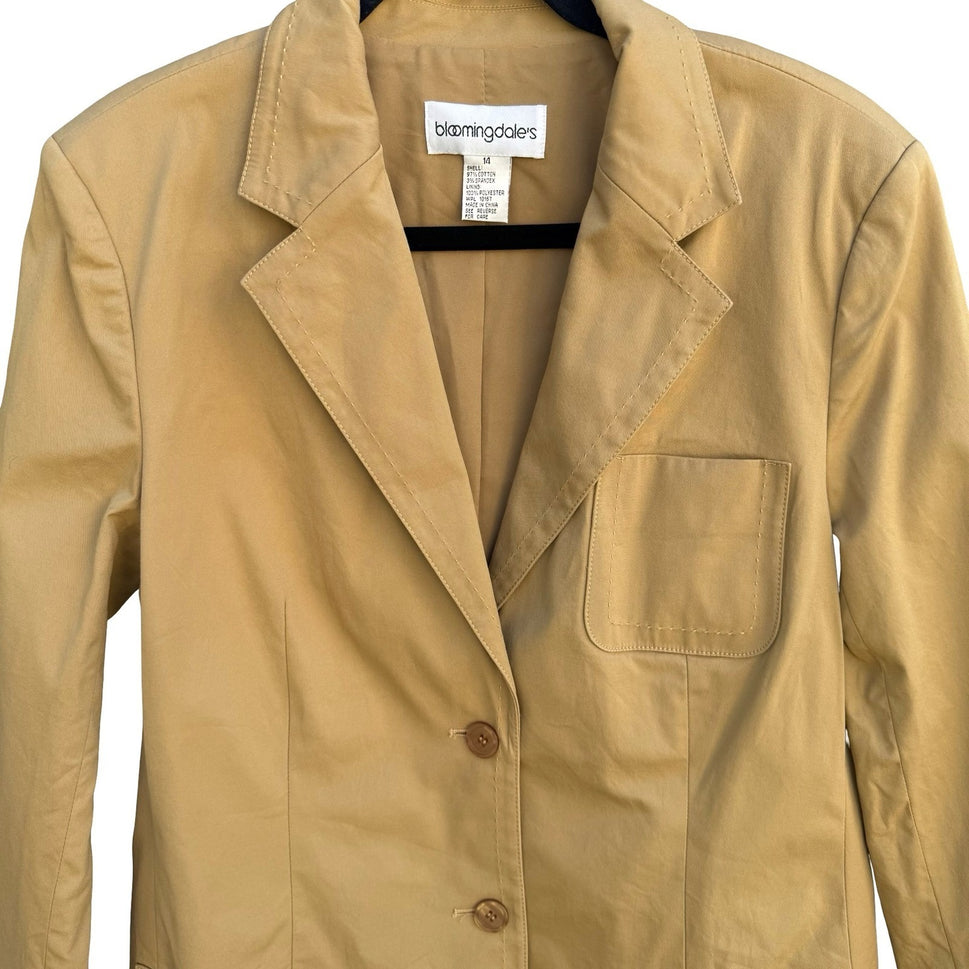 Bloomingdales Womens Tan Khaki Cotton Spandex Tailored Blazer Jacket Size 14