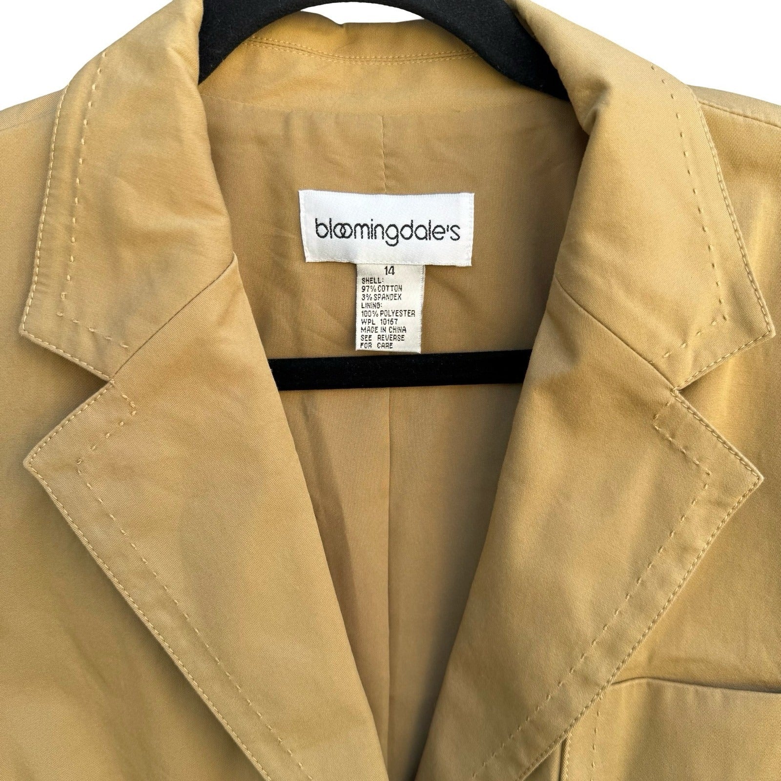 Bloomingdales Womens Tan Khaki Cotton Spandex Tailored Blazer Jacket Size 14